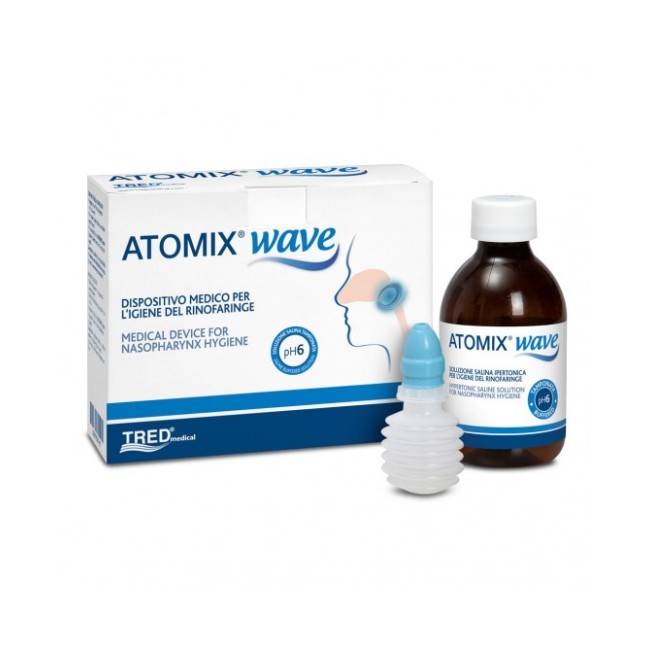 ATOMIX WAVE DISPOSITIVO PER IGIENE RINOFARINGEA ATOMIX SOLUZIONE SALINA 250 ML 2 PEZZI + TERMINALE NASALE + EROGATORE A SOFFIETT