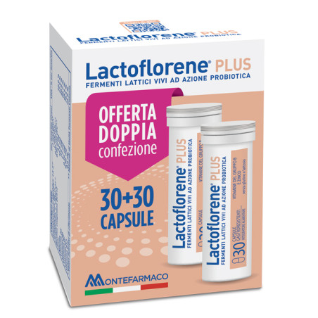 Confezione bipack 2 per 30 capsule di Lactoflorene plus con fermenti lattici probiotici per regolarità intestinale