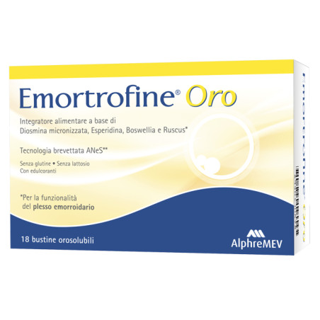 Confezione da 18 bustine orosolubili di Emortrofine Oro per il trattamento delle emorroidi