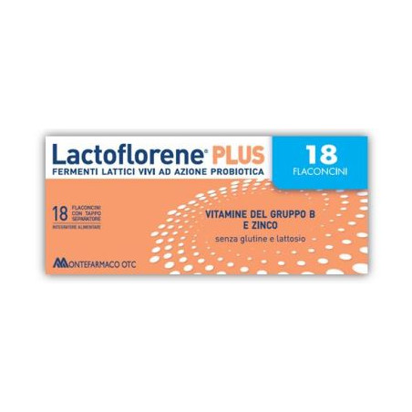 Confezione da 18 flaconi di Lactoflorene plus con fermenti lattici probiotici e vitamine B