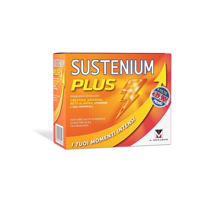 Confezione da 22 bustine di Sustenium Plus integratore energizzante gusto arancia