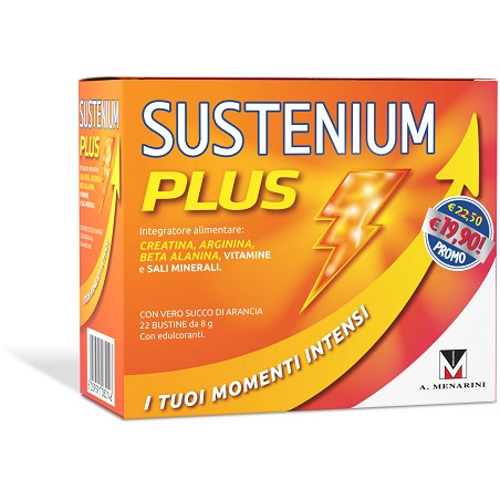 Confezione da 22 bustine di Sustenium Plus integratore energizzante gusto arancia