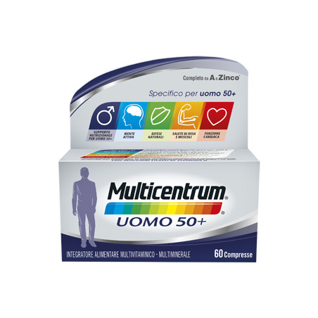 Confezione da 60 compresse di Multicentrum uomo 50+  multivitaminico e multiminerale per uomini sopra i 50 anni