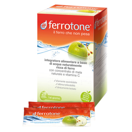 Confezione da 28 bustine di Ferrotone integratore di Ferro e Vitamina C con succo di mela