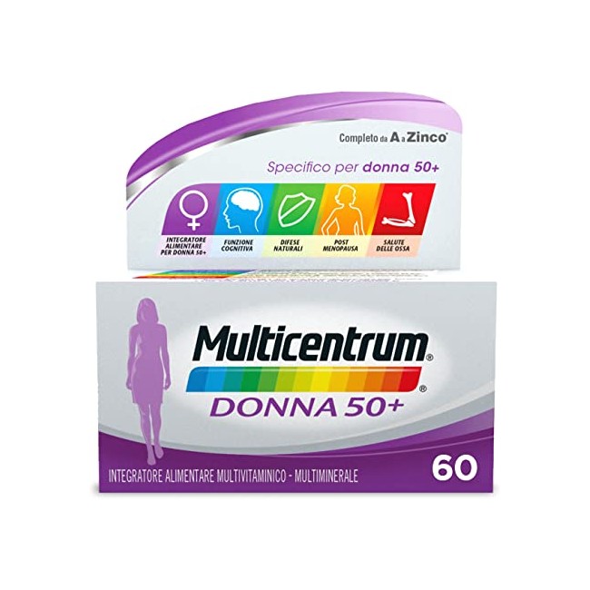 Confezione da 60 compresse di Multicentrum donna 50+ integratore multivitaminico e multiminerale per donne sopra i 50 anni