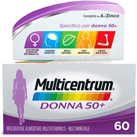 Confezione da 60 compresse di Multicentrum donna 50+ integratore multivitaminico e multiminerale per donne sopra i 50 anni