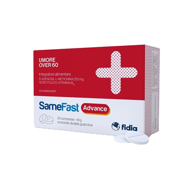 Confezione da 20 compresse orosolubili di Samefast Advance over 60 integratore per migliorare l'umore ed il benessere mentale