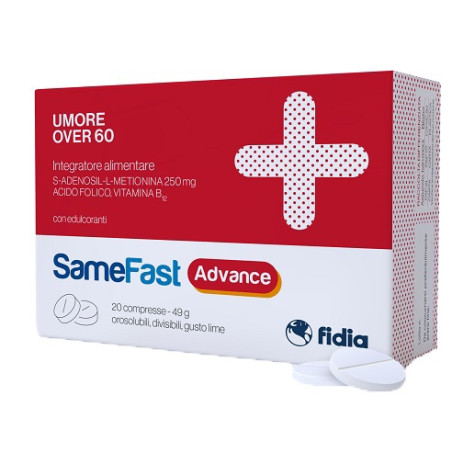 Confezione da 20 compresse orosolubili di Samefast Advance over 60 integratore per migliorare l'umore ed il benessere mentale