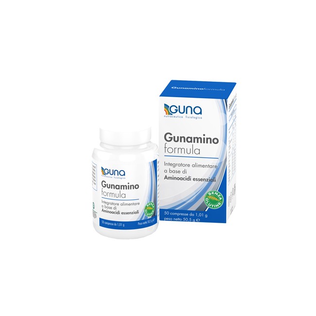 Confezione da 50 compresse di Guna Gunamino Formula con amminoacidi essenziali.