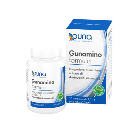 Confezione da 50 compresse di Guna Gunamino Formula con amminoacidi essenziali.