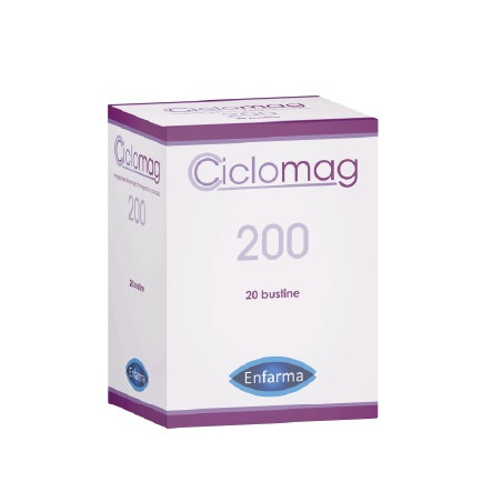 Confezione da 20 bustine di Ciclomag 200 integratore di magnesio e potassio.