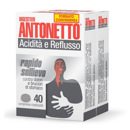 DIGESTIVO ANTONETTO ACIDITA' E REFLUSSO 80 COMPRESSE MASTICABILI 2 ASTUCCI DA 40 COMPRESSE