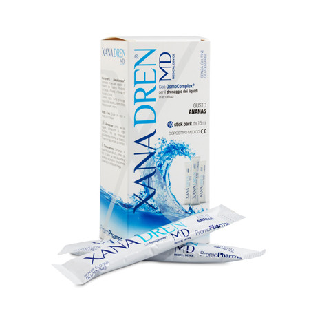 Confezione da 10 bustine liquide di Xanadren MD per drenare i liquidi in eccesso.