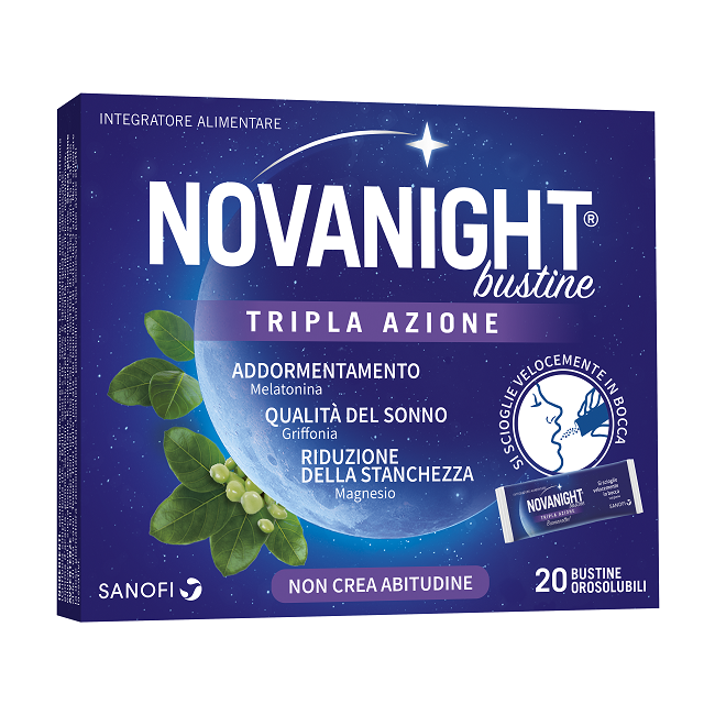 Confezione da 20 bustine orosolubili di Novanight tripla azione per chi ha un sonno disturbato.