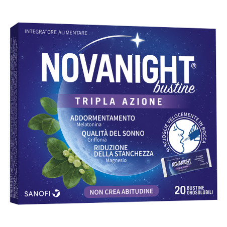 Confezione da 20 bustine orosolubili di Novanight tripla azione per chi ha un sonno disturbato.