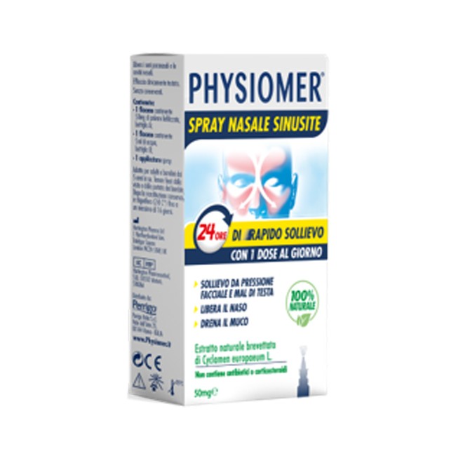 PHYSIOMER SPRAY NASALE SINUSITE 2 PEZZI 1 FLACONE DA 50 MG DI ESTRATTO DI CICLAMINO NATURALE LIOFILIZZATO + 1 FIALE DA 5 ML DI S