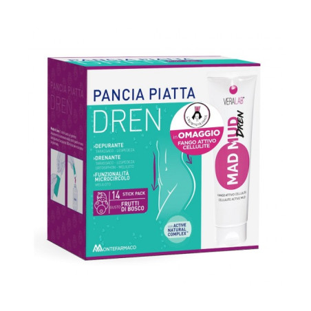 PANCIA PIATTA DREN FRUTTI DI BOSCO 14 BUSTINE STICK PACK + FANGO ATTIVO CELLULITE 100 ML OMAGGIO