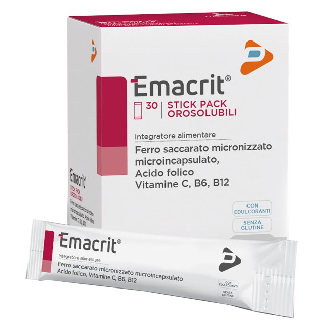 Confezione da 30 bustine di Emacrit integratore a base di ferro e vitamina C