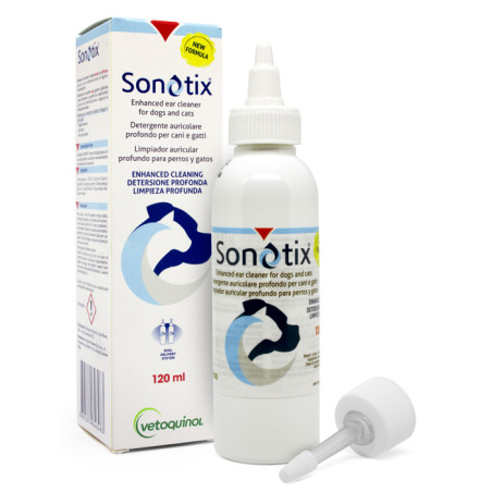 SONOTIX DETERGENTE AURICOLARE PROFONDO CANI E GATTI FLACONE 120 ML + CANNULA CORTA RIGIDA + CANNULA LUNGA FLESSIBILE