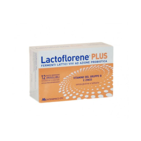 Confezione da 12 bustine orosolubili di Lactoflorene plus con fermenti lattici probiotici e vitamine B