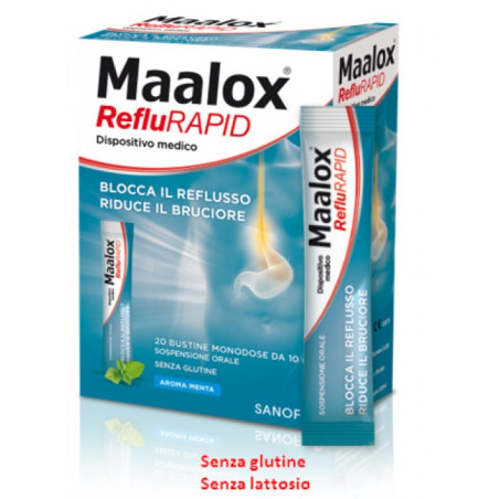 Confezione da 20 bustine liquide di Maalox reflurapid per reflusso e acidità di stomaco