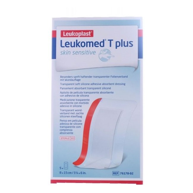 LEUKOMED T PLUS SKIN SENSITIVE MEDICAZIONE POST-OPERATORIA TRASPARENTE IMPERMEABILE CON MASSA ADESIVA AL SILICONE 8X15CM 5 PEZZI