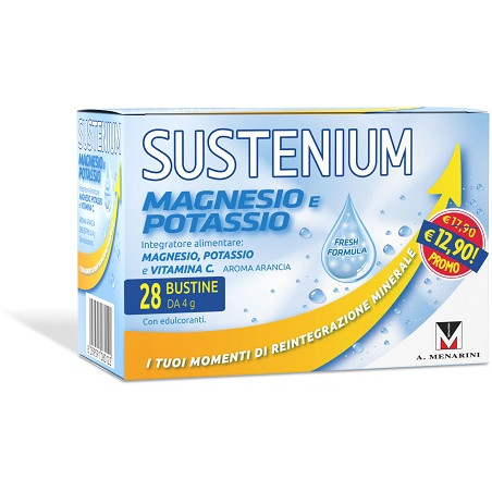 Confezione da 28 buste di Sustenium magnesio e potassio integratore salino gusto arancia