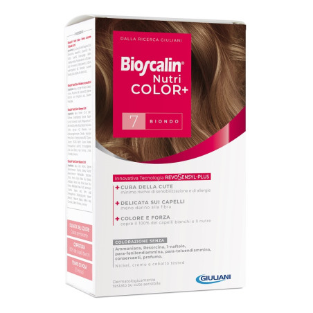 BIOSCALIN NUTRICOLOR PLUS 7 BIONDO CREMA COLORANTE 40 ML + RIVELATORE CREMA 60 ML + SHAMPOO 12 ML + TRATTAMENTO FINALE BALSAMO 1