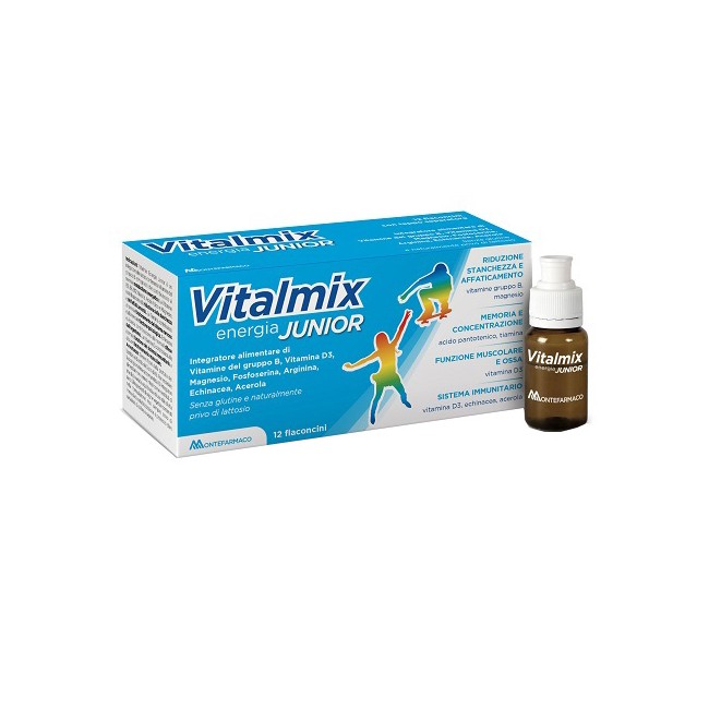 Confezione da 12 flaconi di Vitalmix Junior per ridurre la stanchezza  nei bambini