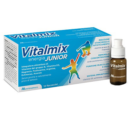 Confezione da 12 flaconi di Vitalmix Junior per ridurre la stanchezza  nei bambini