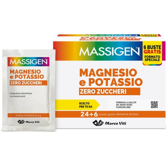 Confezione da 30 buste di Massigen Magnesio e potassio zero zuccheri integratore di sali minerali