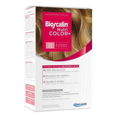 BIOSCALIN NUTRICOLOR PLUS 8 BIONDO CHIARO CREMA COLORANTE 40 ML + RIVELATORE CREMA 60 ML + SHAMPOO 12 ML + TRATTAMENTO FINALE BA