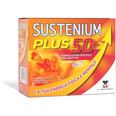 Confezione da 16  bustine di sustenium plus 50+ integratore energizzante per adulti sopra i 50 anni