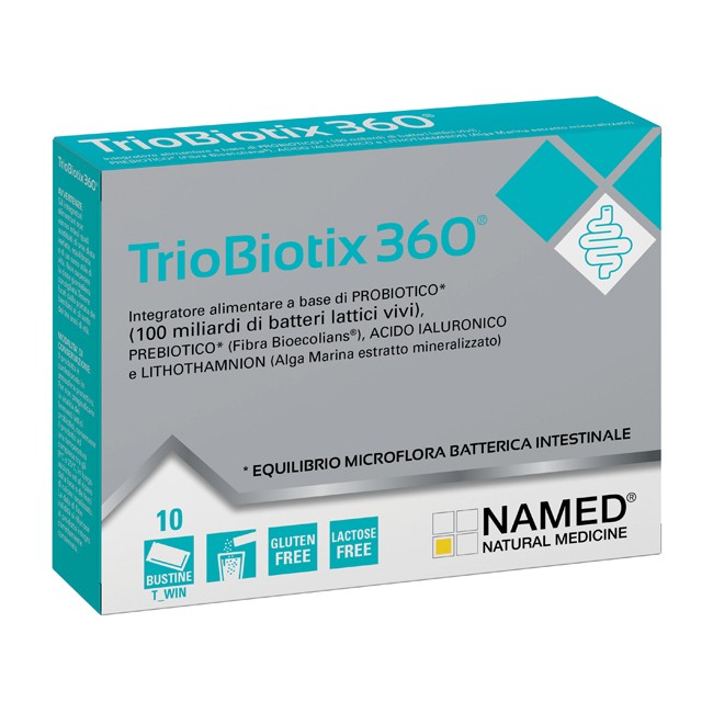 Confezione da 10 bustine di Named Triobiotix 360 integratore per il benessere intestinale