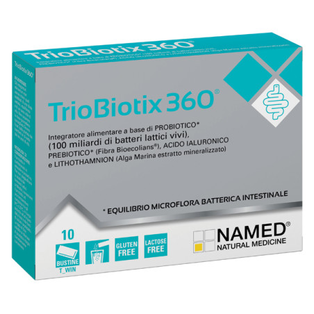 Confezione da 10 bustine di Named Triobiotix 360 integratore per il benessere intestinale