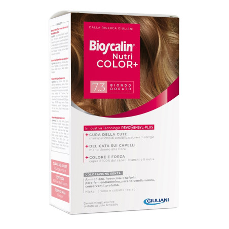 BIOSCALIN NUTRICOLOR PLUS 7,3 BIONDO DORATO CREMA COLORANTE 40 ML + RIVELATORE CREMA 60 ML + SHAMPOO 12 ML + TRATTAMENTO FINALE 