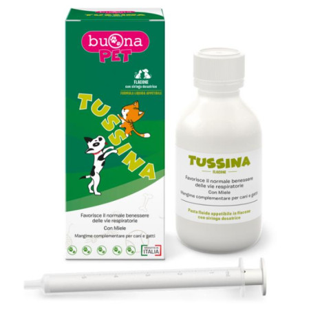 TUSSINA FLACONE MANGIME COMPLEMENTARE CANI GATTI CON SIRINGA DOSATRICE FORMA LIQUIDA 100 G BUONAPET