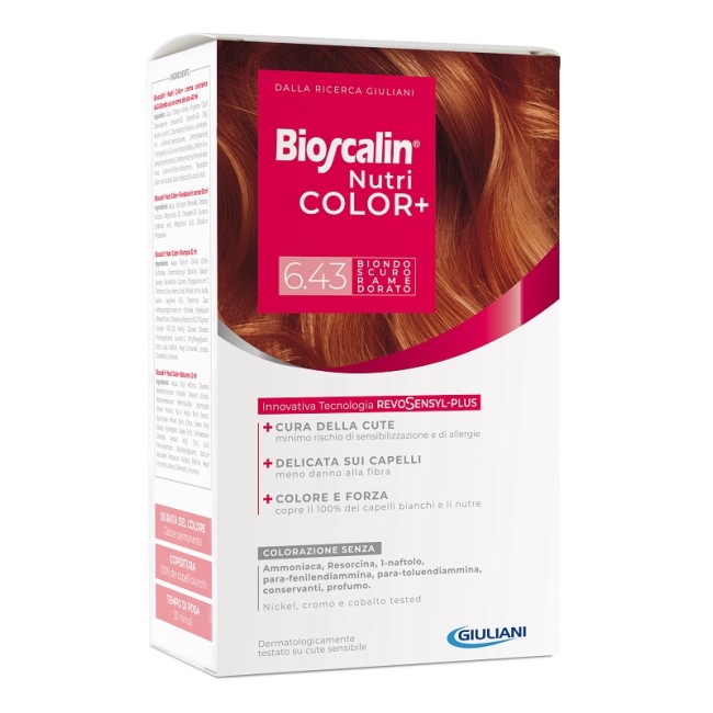 BIOSCALIN NUTRICOLOR PLUS 6,43 BIONDO SCURO RAME DORATO CREMA COLORANTE 40 ML + RIVELATORE CREMA 60 ML + SHAMPOO 12 ML + TRATTAM