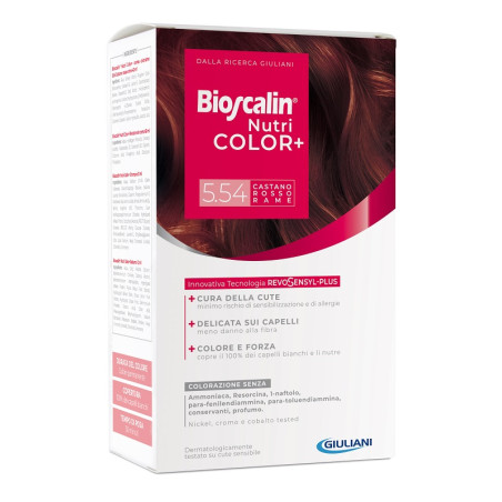 BIOSCALIN NUTRICOLOR PLUS 5,54 CASTANO ROSSO RAME CREMA COLORANTE 40 ML + RIVELATORE CREMA 60 ML + SHAMPOO 12 ML + TRATTAMENTO F