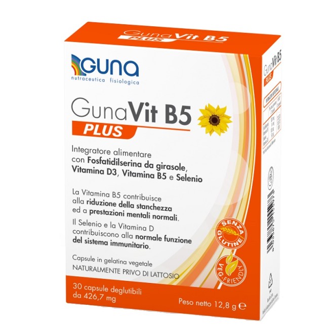 Confezione da 30 capsule di Gunavit B5 Plus integratore per rafforzare il sistema immunitario.