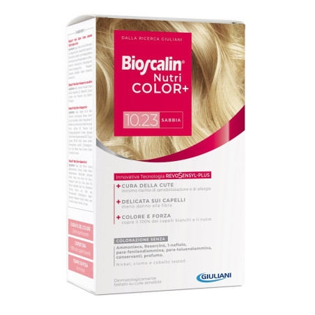 BIOSCALIN NUTRICOLOR PLUS 10,23 SABBIA CREMA COLORANTE 40 ML + RIVELATORE CREMA 60 ML + SHAMPOO 12 ML + TRATTAMENTO FINALE BALSA