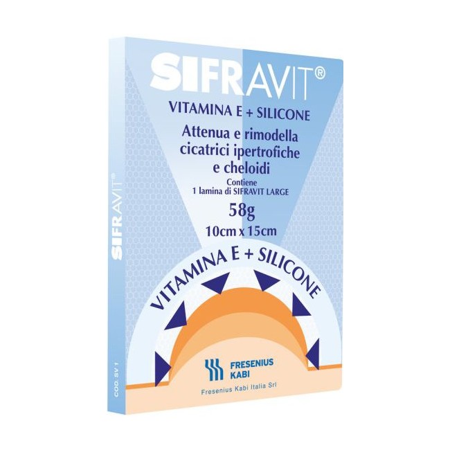 PLACCA IN SILICONE E VITAMINA E SIFRAVIT DIMENSIONI 15X10CM. INDICATA NEL TRATTAMENTO DI CHELOIDI E CICATRICI IPERTROFICHE CONSE