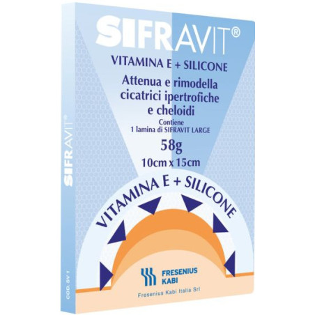 PLACCA IN SILICONE E VITAMINA E SIFRAVIT DIMENSIONI 15X10CM. INDICATA NEL TRATTAMENTO DI CHELOIDI E CICATRICI IPERTROFICHE CONSE