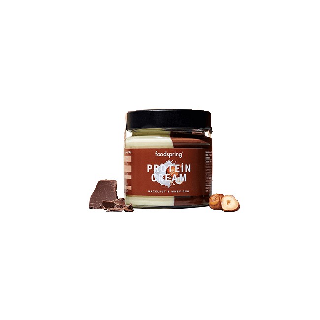 Barattolo da 200 grammi di Foodspring  crema proteica DUO gusto nocciola senza olio di palma