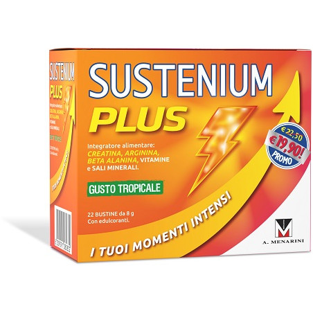 Confezione da 22 bustine di Sustenium Plus integratore energizzante gusto tropicale