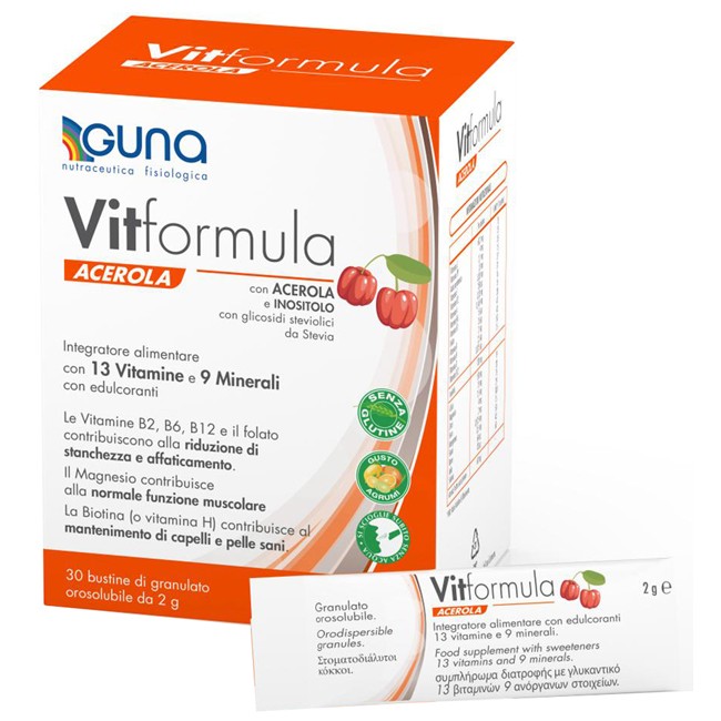 Confezione da 30 bustine di Guna Vitformula Acerola integratore antiossidante e ricostituente.