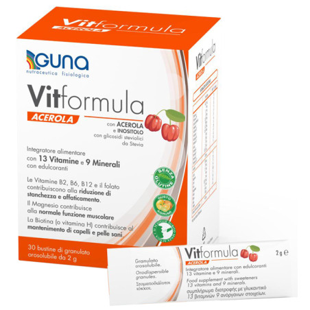 Confezione da 30 bustine di Guna Vitformula Acerola integratore antiossidante e ricostituente.