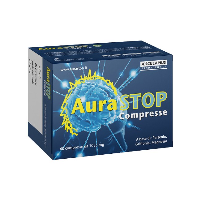 Confezione da 60 compresse di Aurastop integratore che favorisce il benessere mentale