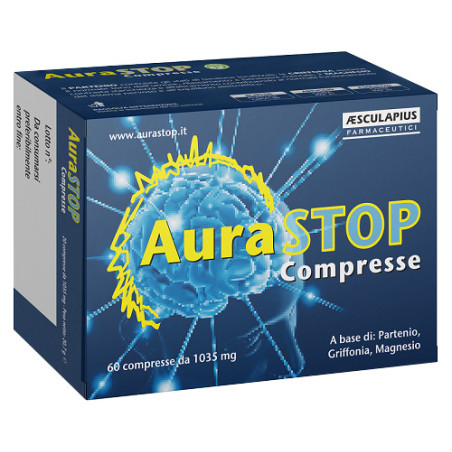 Confezione da 60 compresse di Aurastop integratore che favorisce il benessere mentale