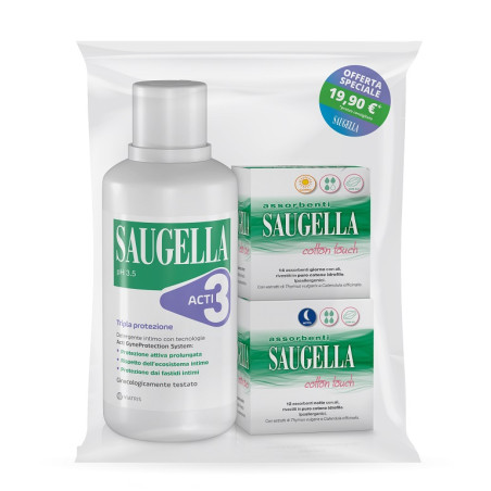 SAUGELLA ACTI3 DETERGENTE INTIMO + 2 SCATOLE ASSORBENTI GIORNO E NOTTE